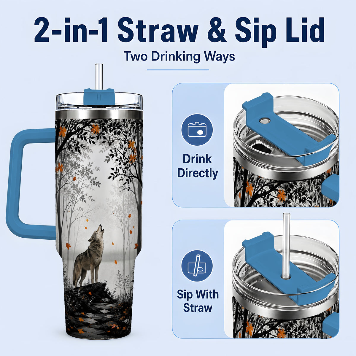 #pl[40oz|Blue] Howling Wolf 40oz Tumbler, Autumn Forest Artwork for Nature Lovers