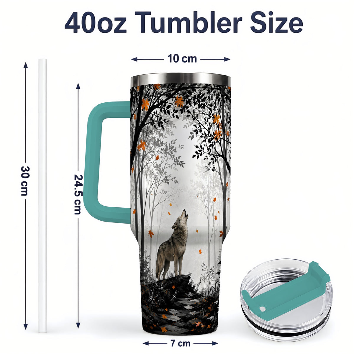 #pl[40oz|Green] Howling Wolf 40oz Tumbler, Autumn Forest Artwork for Nature Lovers