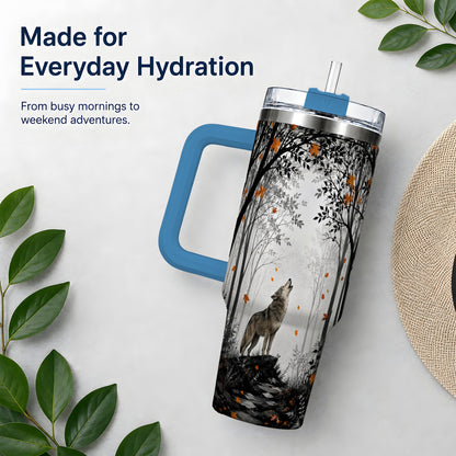 #pl[40oz|Blue] Howling Wolf 40oz Tumbler, Autumn Forest Artwork for Nature Lovers