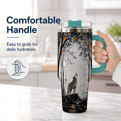 #pl[40oz|Green] Howling Wolf 40oz Tumbler, Autumn Forest Artwork for Nature Lovers
