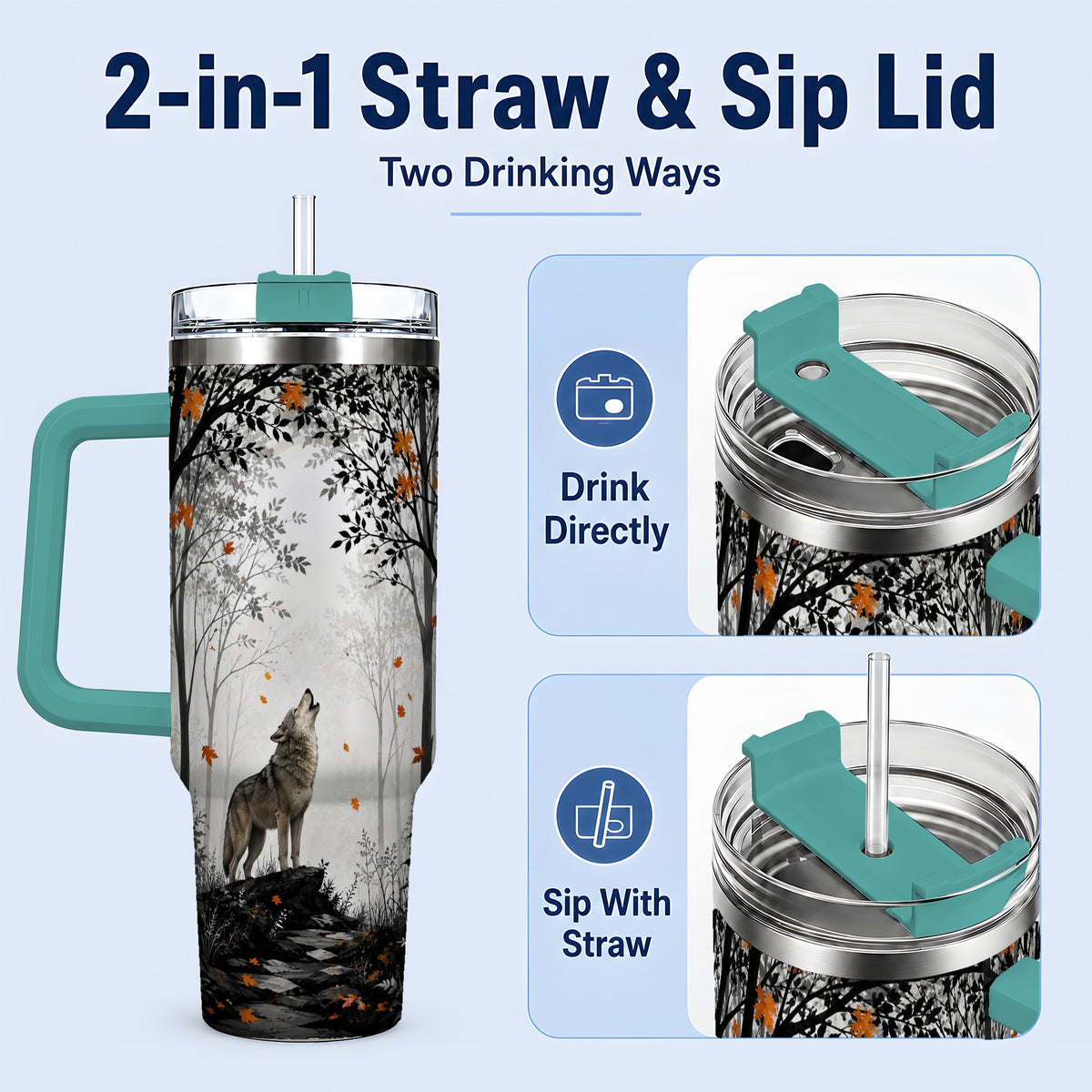 #pl[40oz|Green] Howling Wolf 40oz Tumbler, Autumn Forest Artwork for Nature Lovers