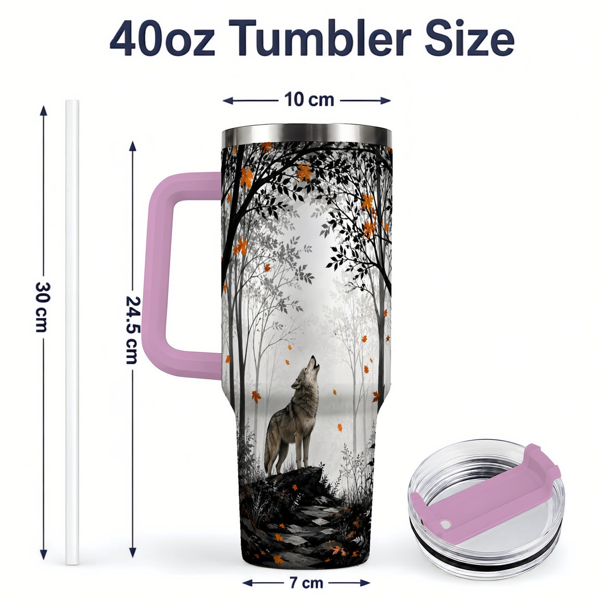 #pl[40oz|Pink] Howling Wolf 40oz Tumbler, Autumn Forest Artwork for Nature Lovers