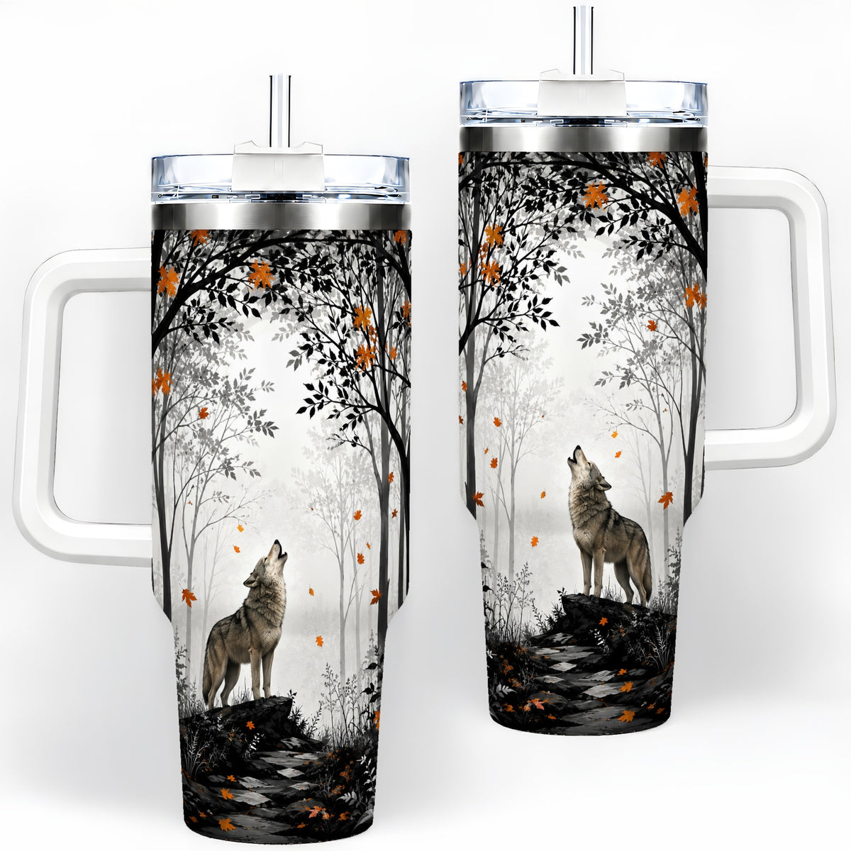 Howling Wolf 40oz Tumbler, Autumn Forest Artwork for Nature Lovers