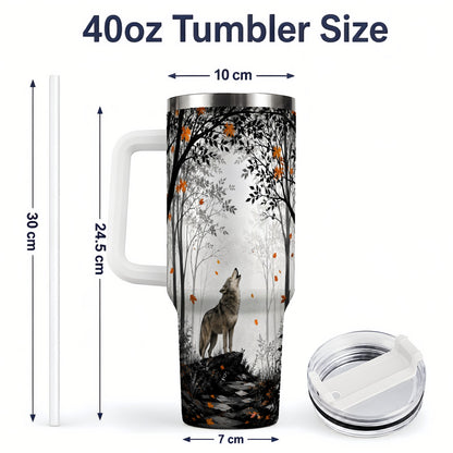#pl[40oz|White] Howling Wolf 40oz Tumbler, Autumn Forest Artwork for Nature Lovers