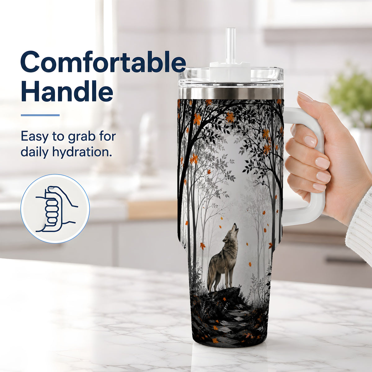 #pl[40oz|White] Howling Wolf 40oz Tumbler, Autumn Forest Artwork for Nature Lovers