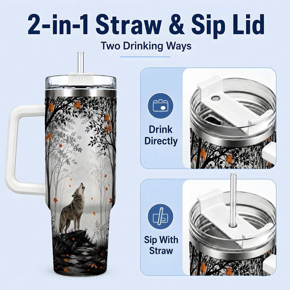#pl[40oz|White] Howling Wolf 40oz Tumbler, Autumn Forest Artwork for Nature Lovers