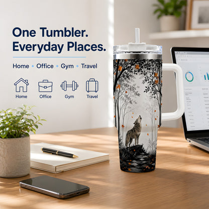 #pl[40oz|White] Howling Wolf 40oz Tumbler, Autumn Forest Artwork for Nature Lovers