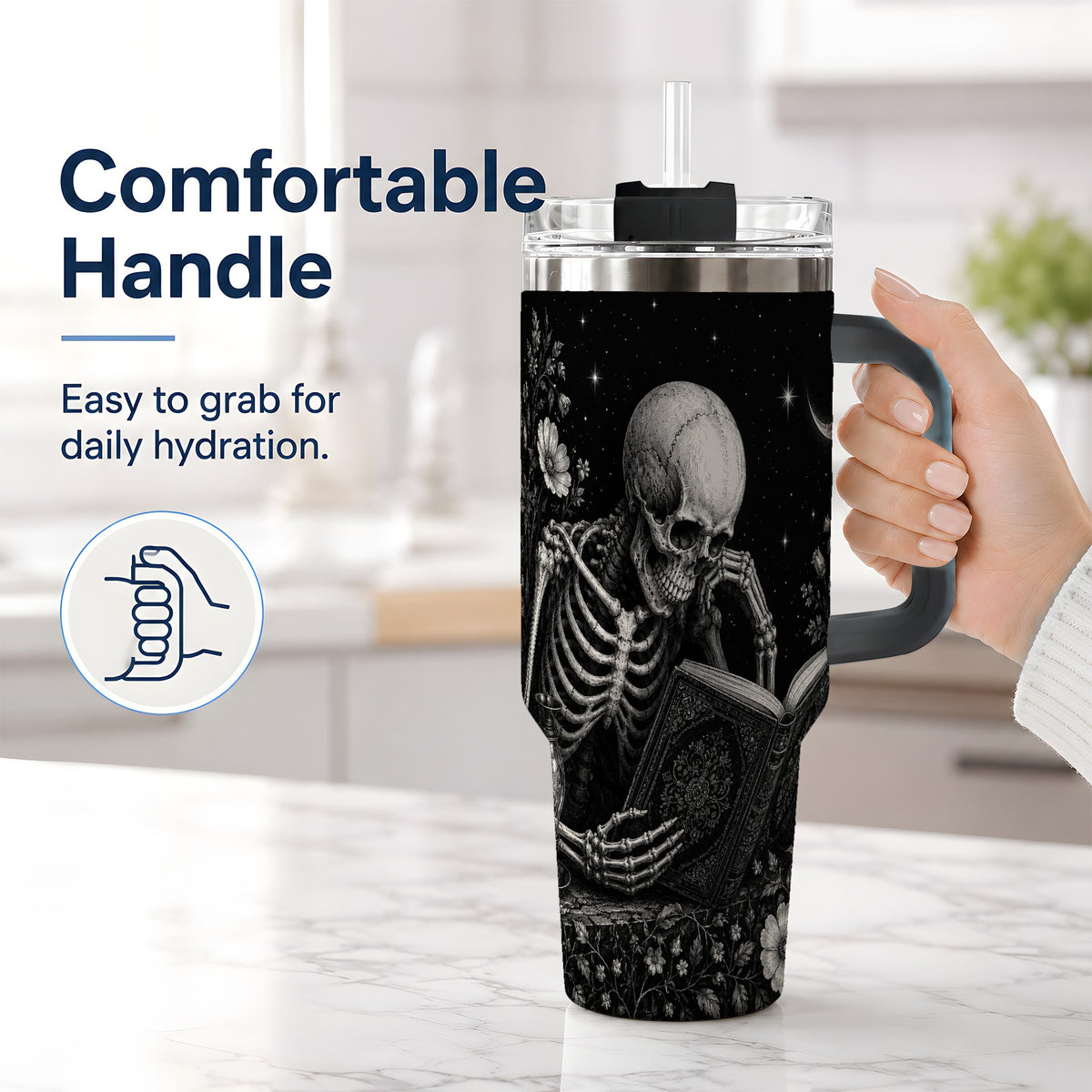 #pl[40oz|Black] Gothic Skeleton Reading 40oz Tumbler, Moonlit Floral Book Artwork