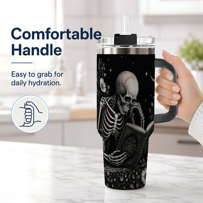 #pl[40oz|Black] Gothic Skeleton Reading 40oz Tumbler, Moonlit Floral Book Artwork