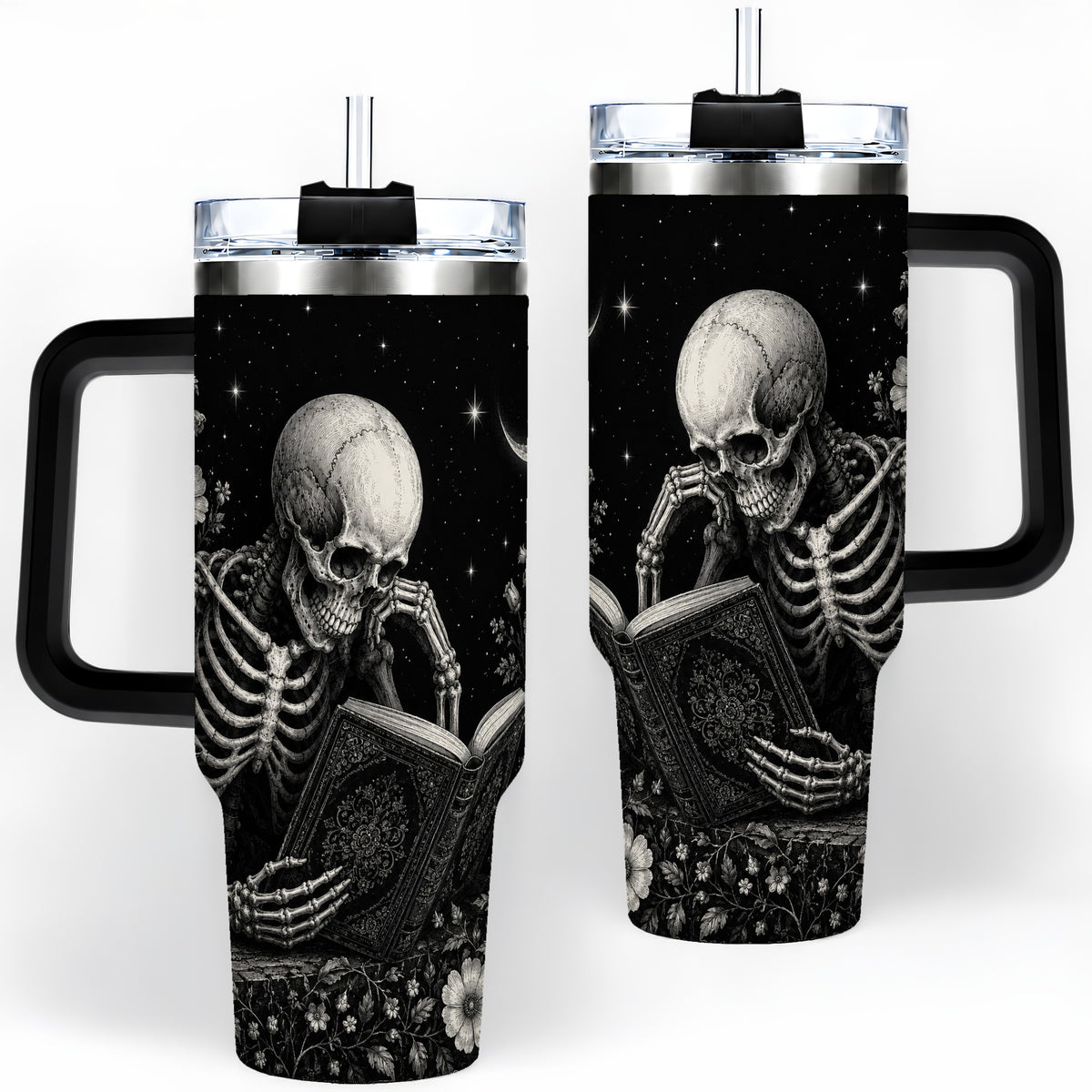 #pl[40oz|Black] Gothic Skeleton Reading 40oz Tumbler, Moonlit Floral Book Artwork