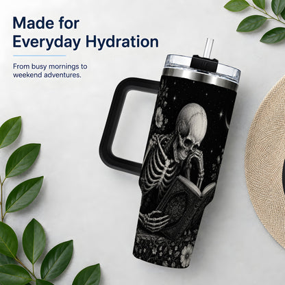 #pl[40oz|Black] Gothic Skeleton Reading 40oz Tumbler, Moonlit Floral Book Artwork