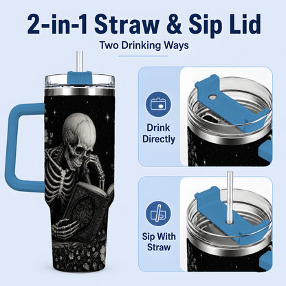 #pl[40oz|Blue] Gothic Skeleton Reading 40oz Tumbler, Moonlit Floral Book Artwork