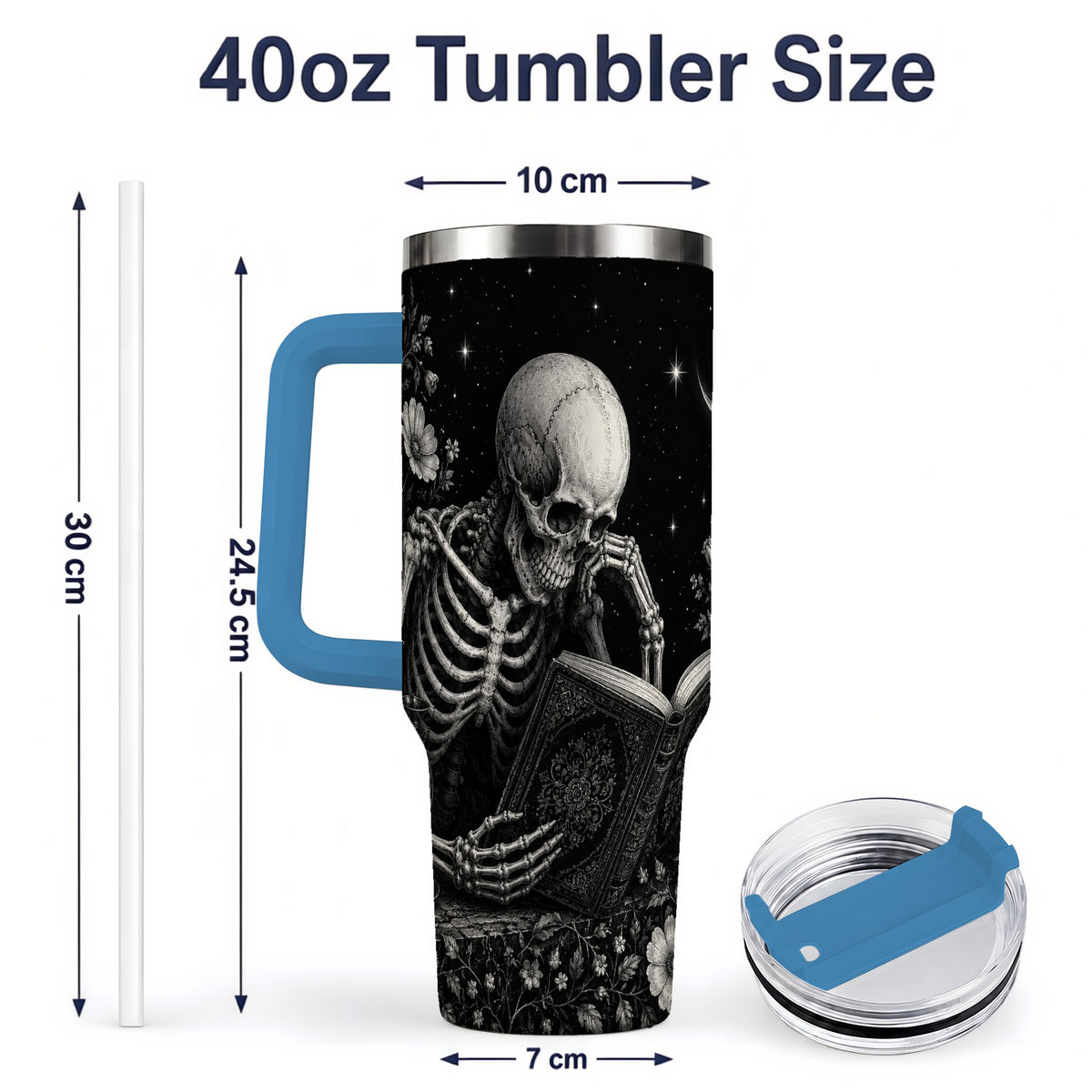 #pl[40oz|Blue] Gothic Skeleton Reading 40oz Tumbler, Moonlit Floral Book Artwork