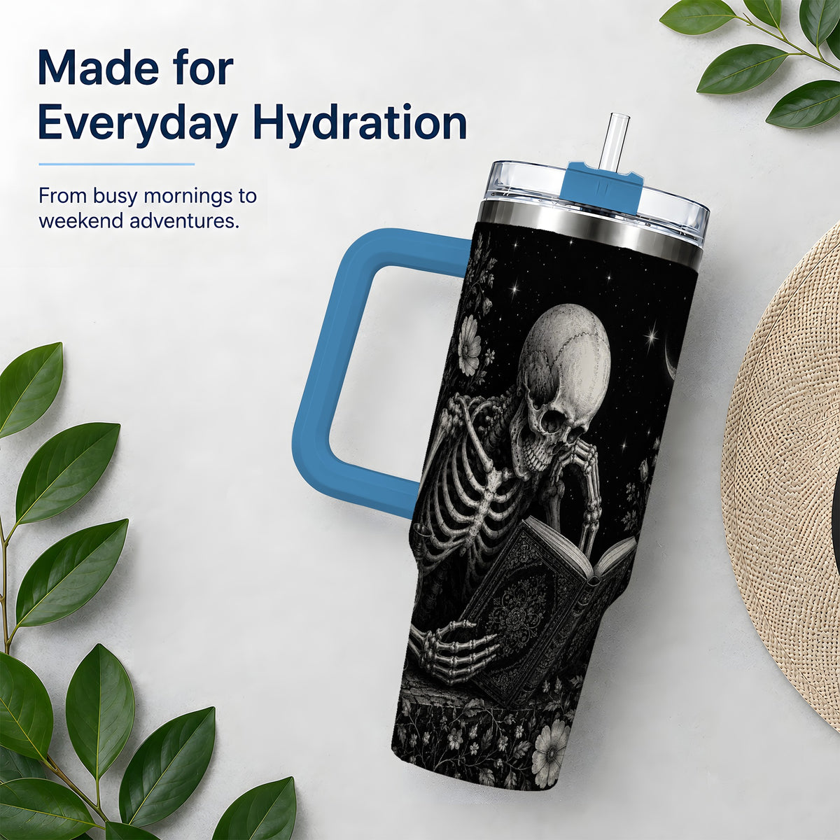 #pl[40oz|Blue] Gothic Skeleton Reading 40oz Tumbler, Moonlit Floral Book Artwork