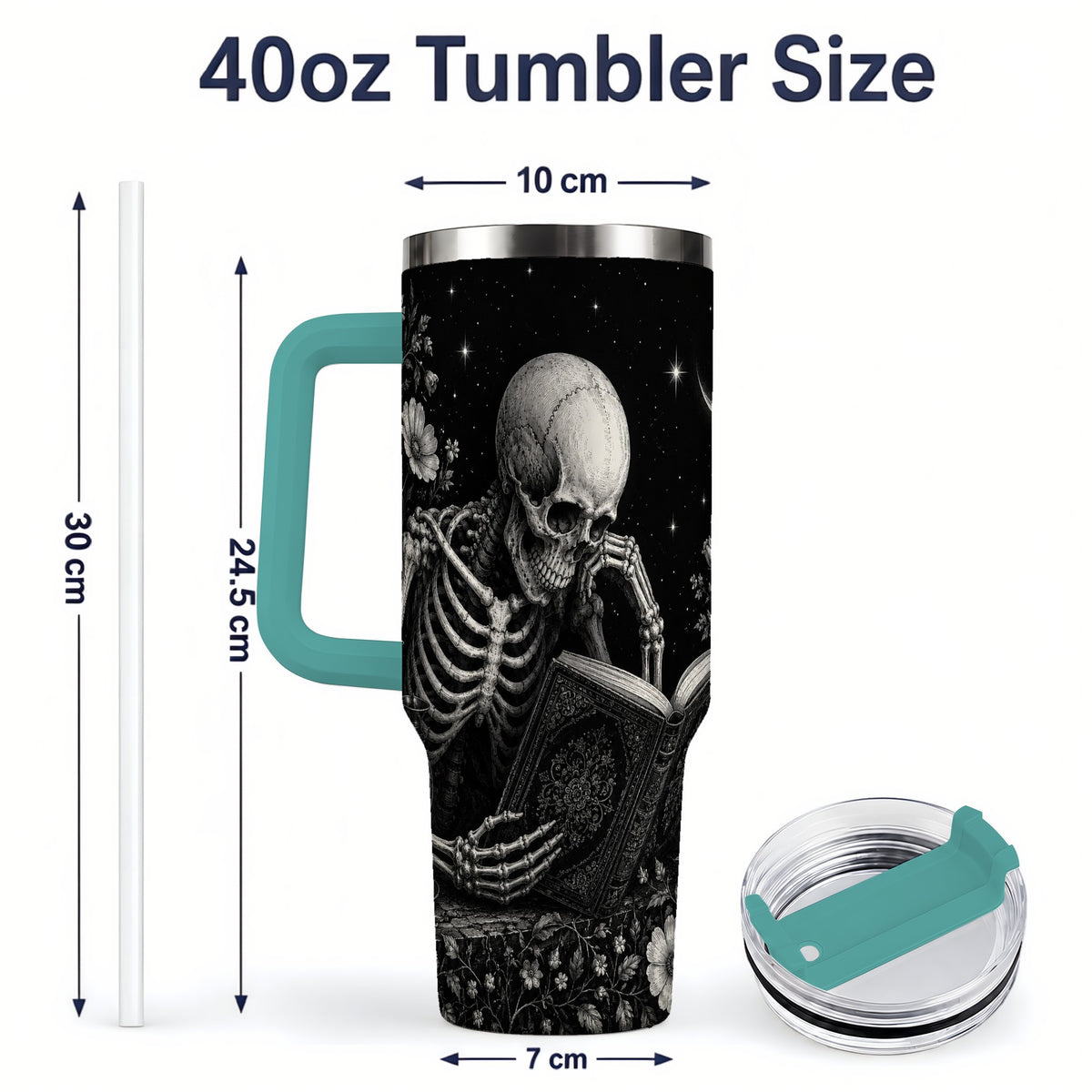 #pl[40oz|Green] Gothic Skeleton Reading 40oz Tumbler, Moonlit Floral Book Artwork