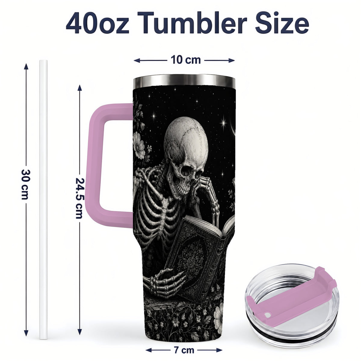 #pl[40oz|Pink] Gothic Skeleton Reading 40oz Tumbler, Moonlit Floral Book Artwork