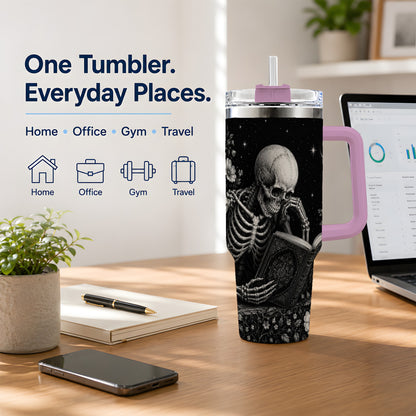 #pl[40oz|Pink] Gothic Skeleton Reading 40oz Tumbler, Moonlit Floral Book Artwork