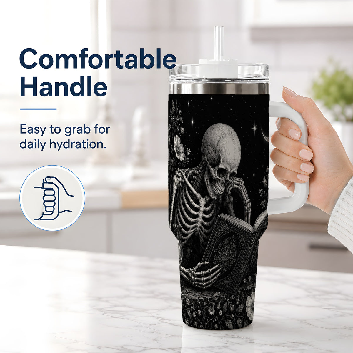 #pl[40oz|White] Gothic Skeleton Reading 40oz Tumbler, Moonlit Floral Book Artwork