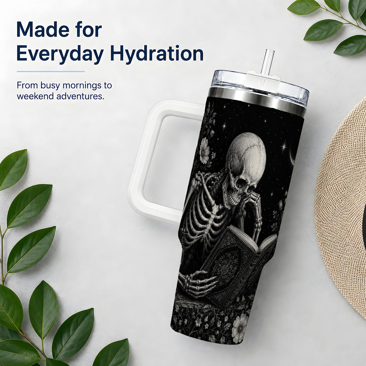 #pl[40oz|White] Gothic Skeleton Reading 40oz Tumbler, Moonlit Floral Book Artwork
