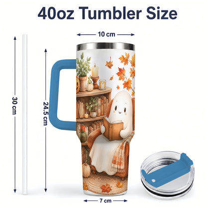 #pl[40oz|Blue] Cozy Ghost Reading 40oz Tumbler, Autumn Books and Pumpkin Artwork