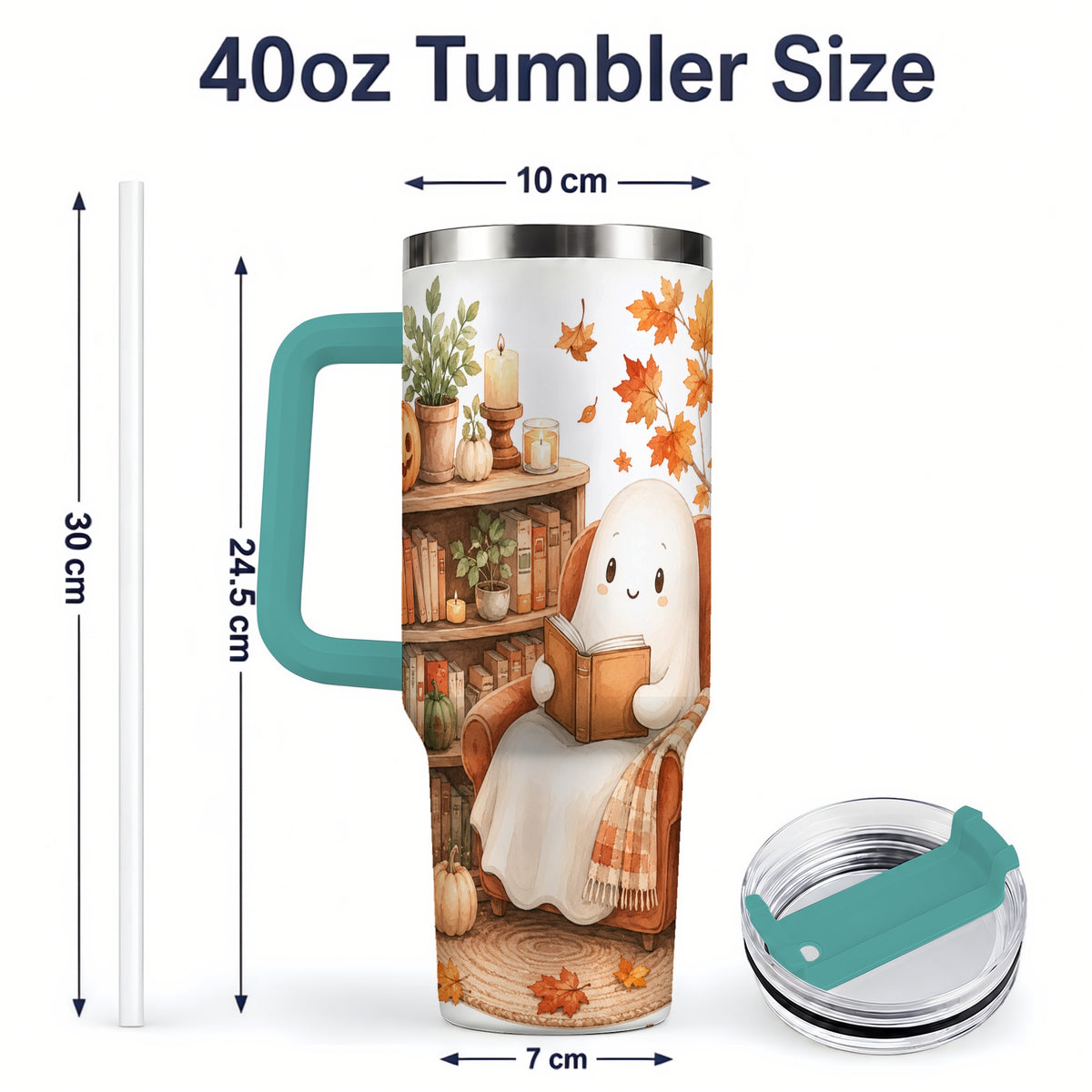#pl[40oz|Green] Cozy Ghost Reading 40oz Tumbler, Autumn Books and Pumpkin Artwork