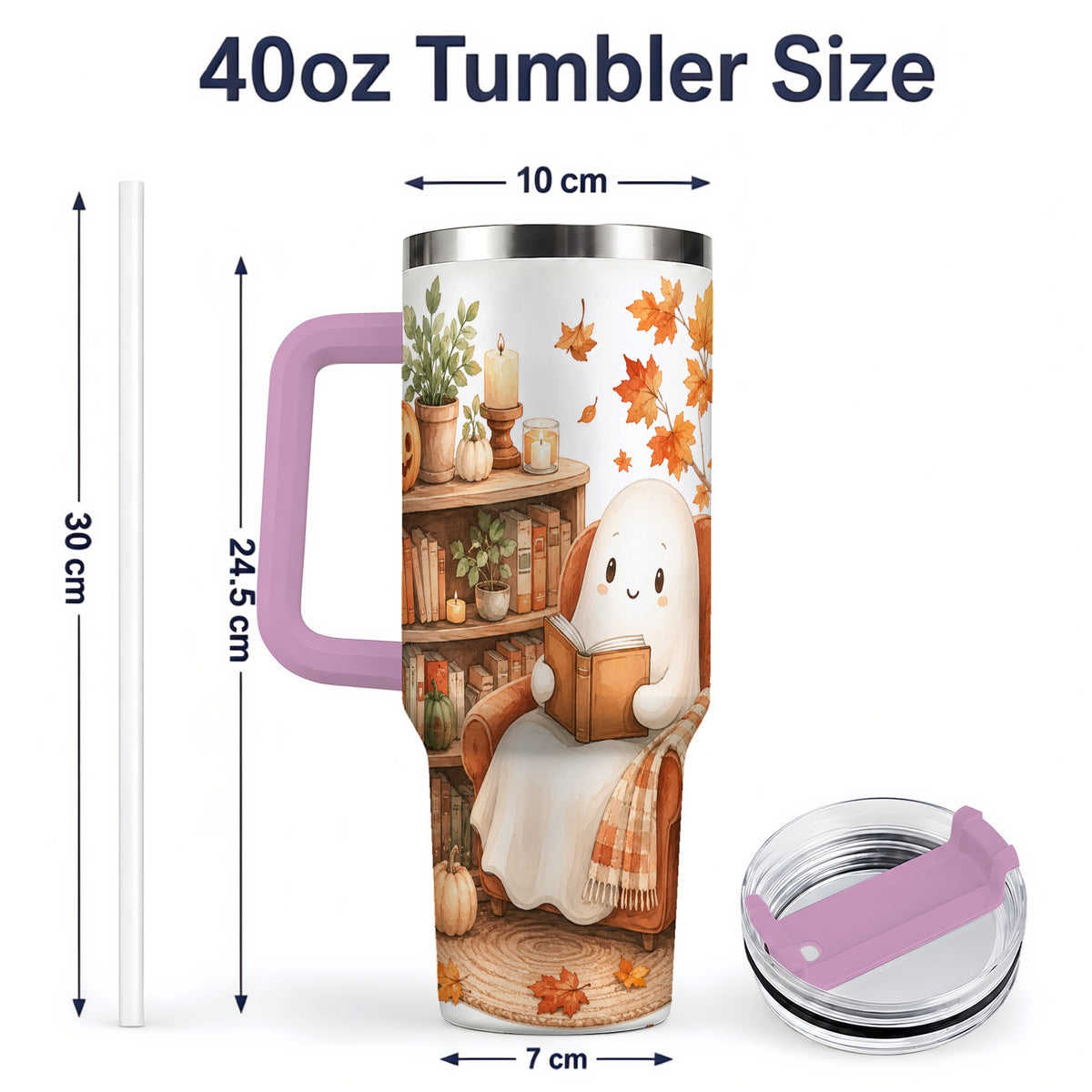 #pl[40oz|Pink] Cozy Ghost Reading 40oz Tumbler, Autumn Books and Pumpkin Artwork