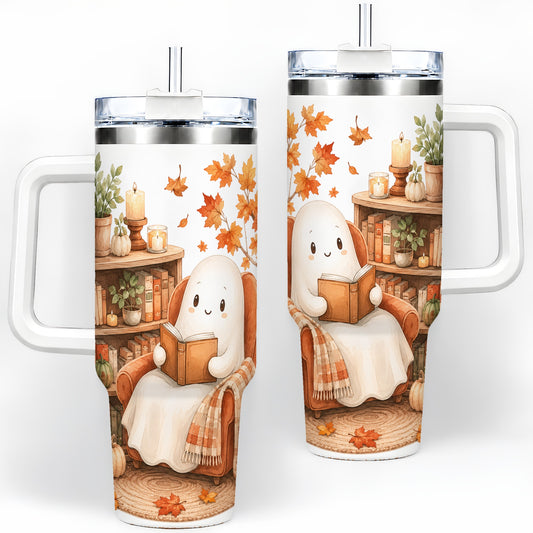 Cozy Ghost Reading 40oz Tumbler, Autumn Books and Pumpkin Artwork