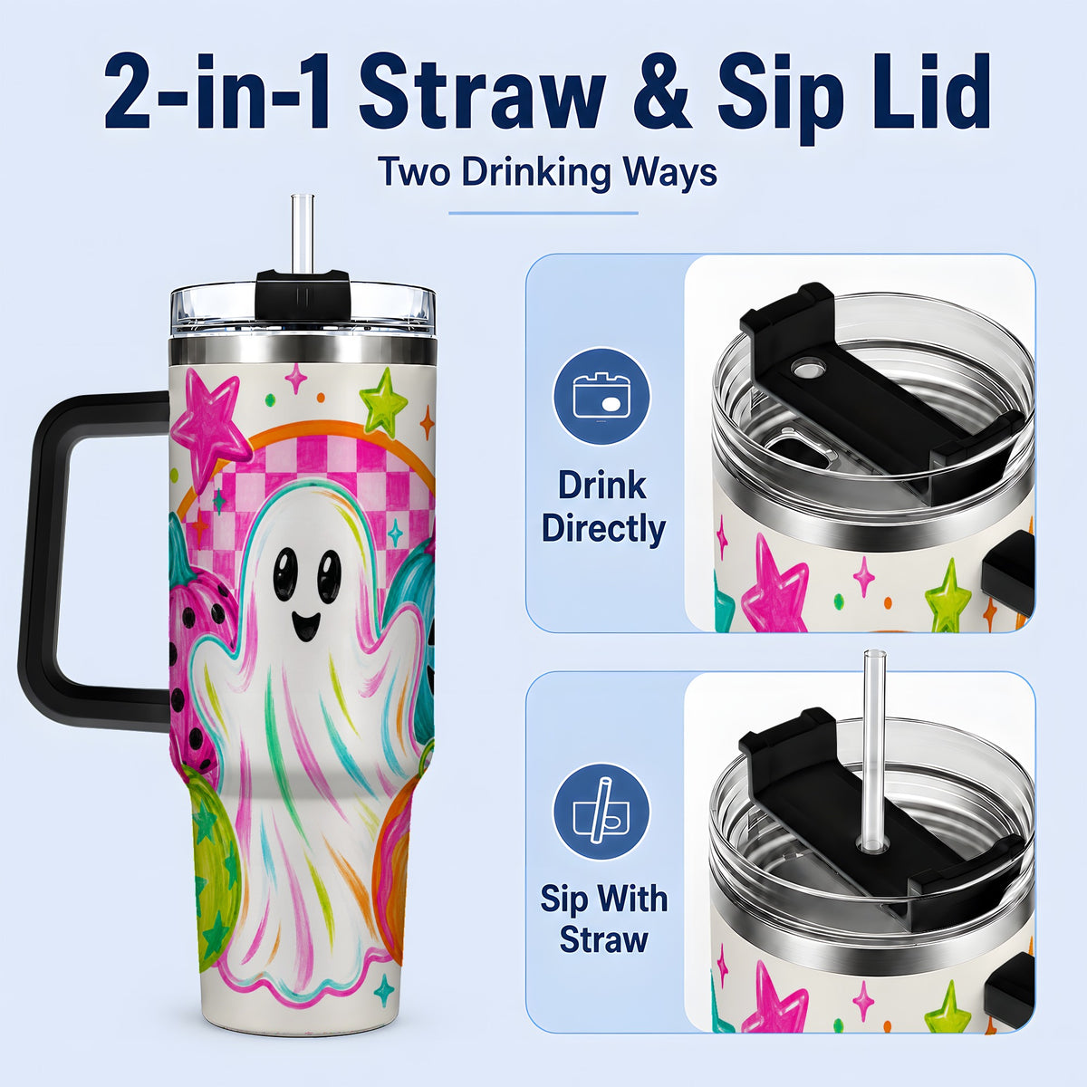 #pl[40oz|Black] Colorful Ghost Pumpkin 40oz Tumbler, Bright Halloween Star Artwork