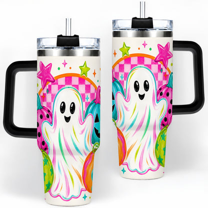 #pl[40oz|Black] Colorful Ghost Pumpkin 40oz Tumbler, Bright Halloween Star Artwork