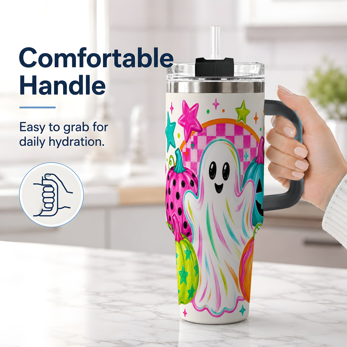 #pl[40oz|Black] Colorful Ghost Pumpkin 40oz Tumbler, Bright Halloween Star Artwork