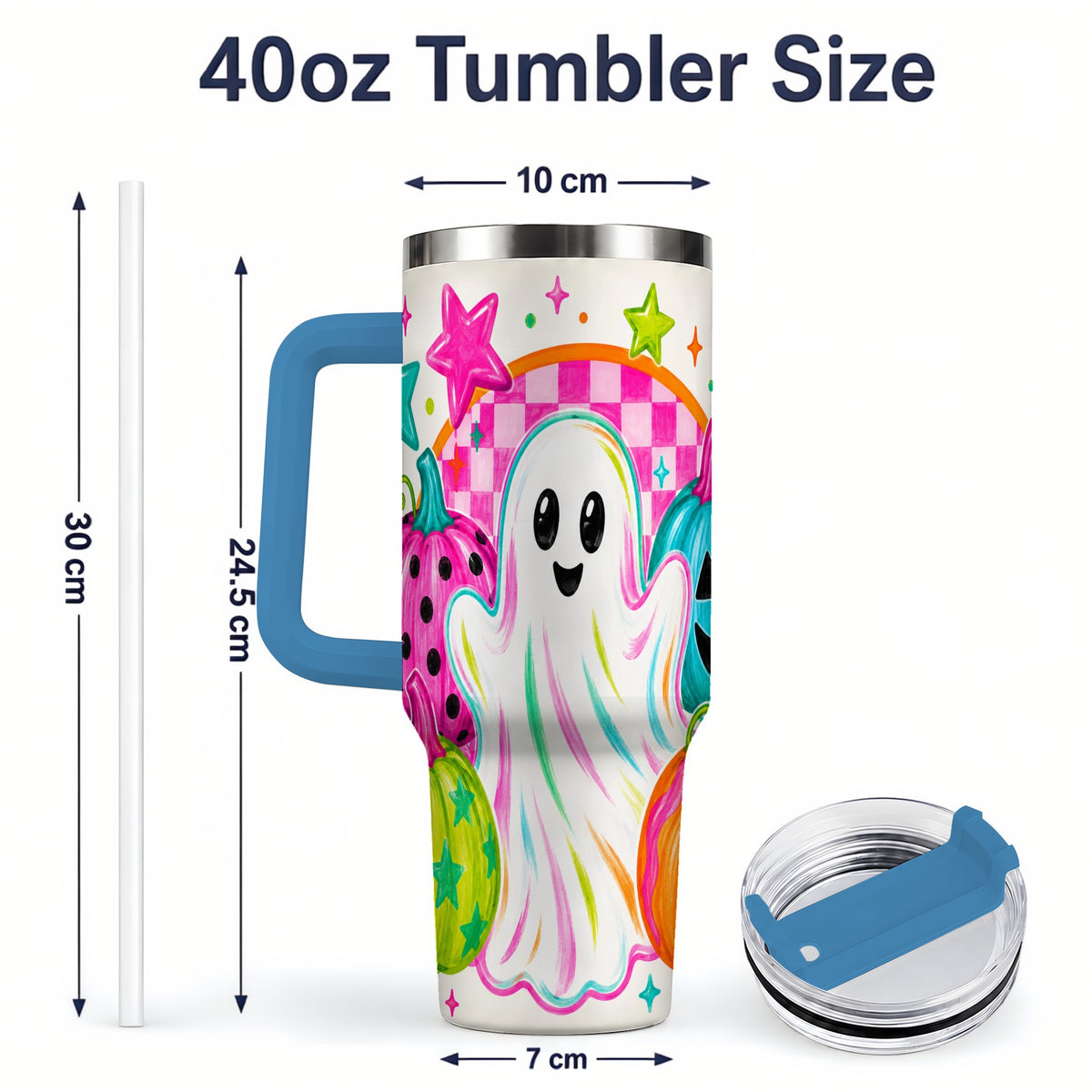 #pl[40oz|Blue] Colorful Ghost Pumpkin 40oz Tumbler, Bright Halloween Star Artwork