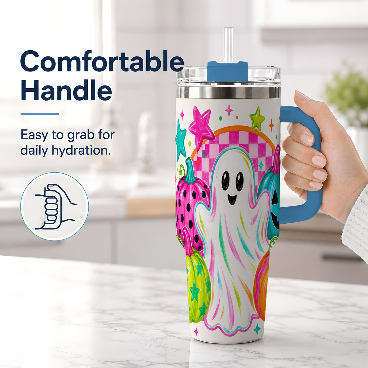 #pl[40oz|Blue] Colorful Ghost Pumpkin 40oz Tumbler, Bright Halloween Star Artwork