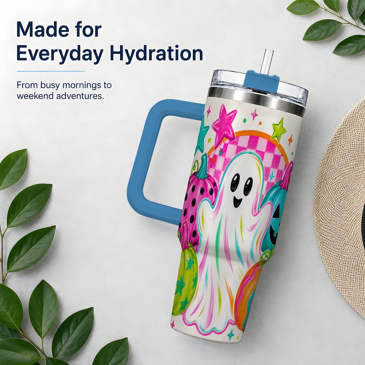 #pl[40oz|Blue] Colorful Ghost Pumpkin 40oz Tumbler, Bright Halloween Star Artwork