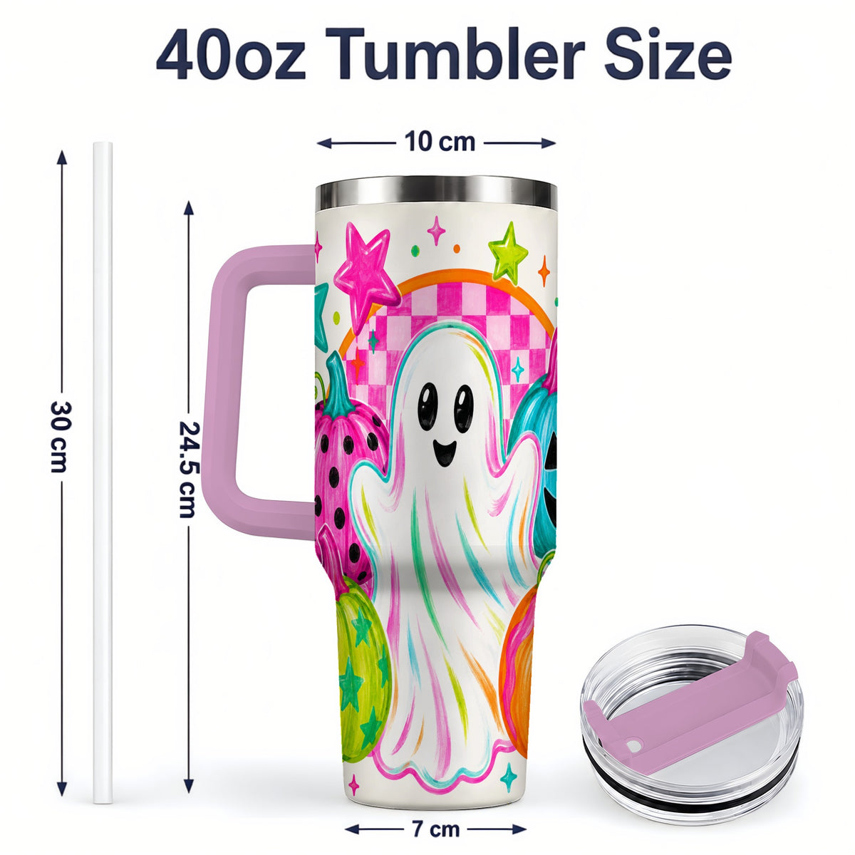 #pl[40oz|Pink] Colorful Ghost Pumpkin 40oz Tumbler, Bright Halloween Star Artwork