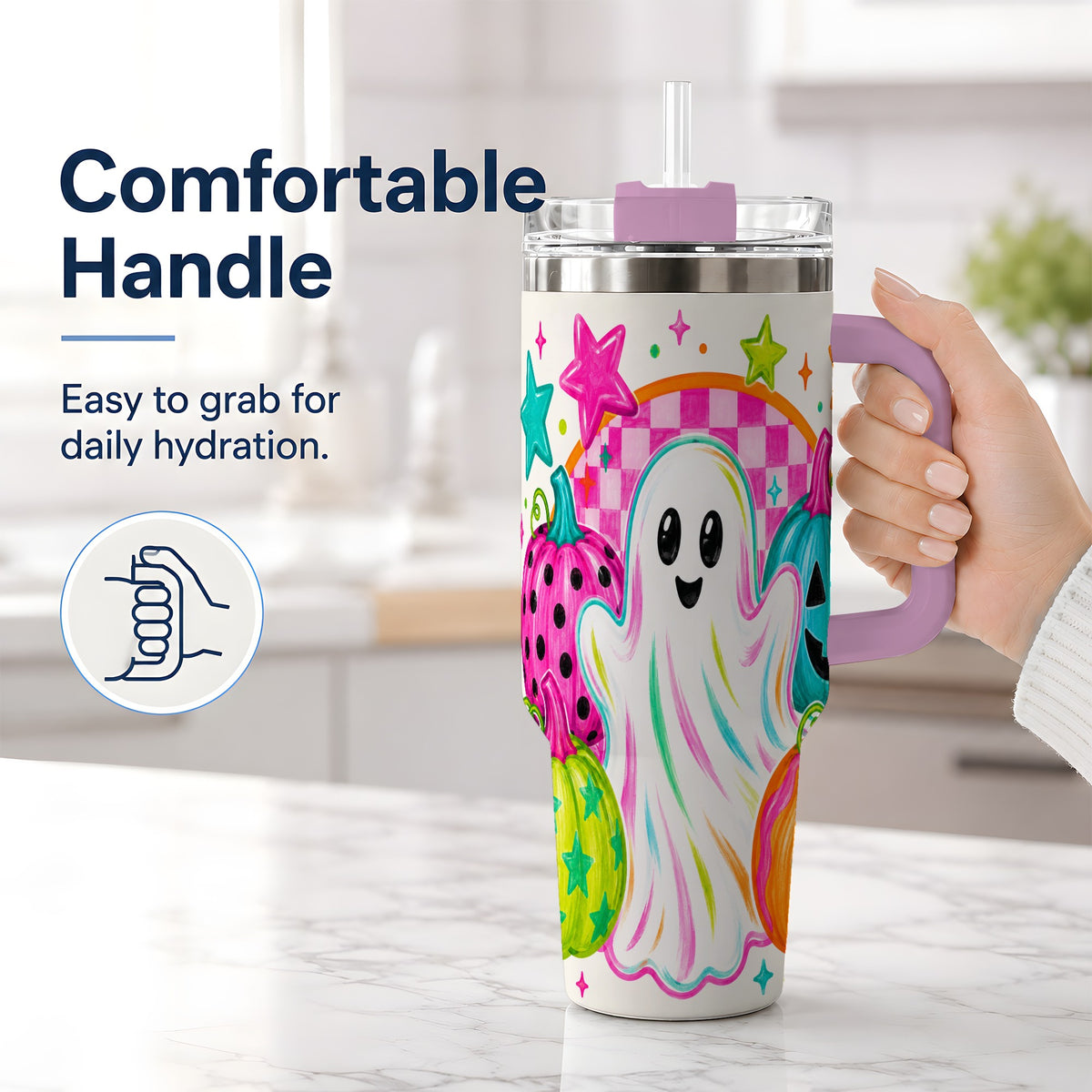 #pl[40oz|Pink] Colorful Ghost Pumpkin 40oz Tumbler, Bright Halloween Star Artwork