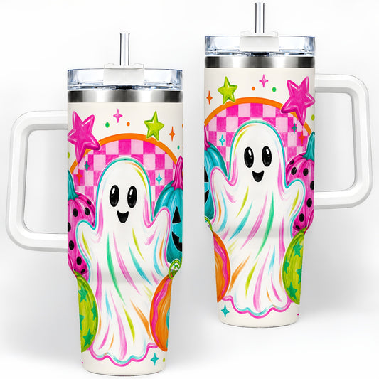 Colorful Ghost Pumpkin 40oz Tumbler, Bright Halloween Star Artwork