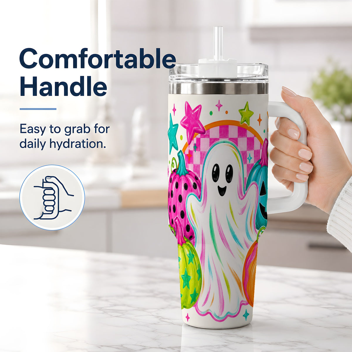 #pl[40oz|White] Colorful Ghost Pumpkin 40oz Tumbler, Bright Halloween Star Artwork