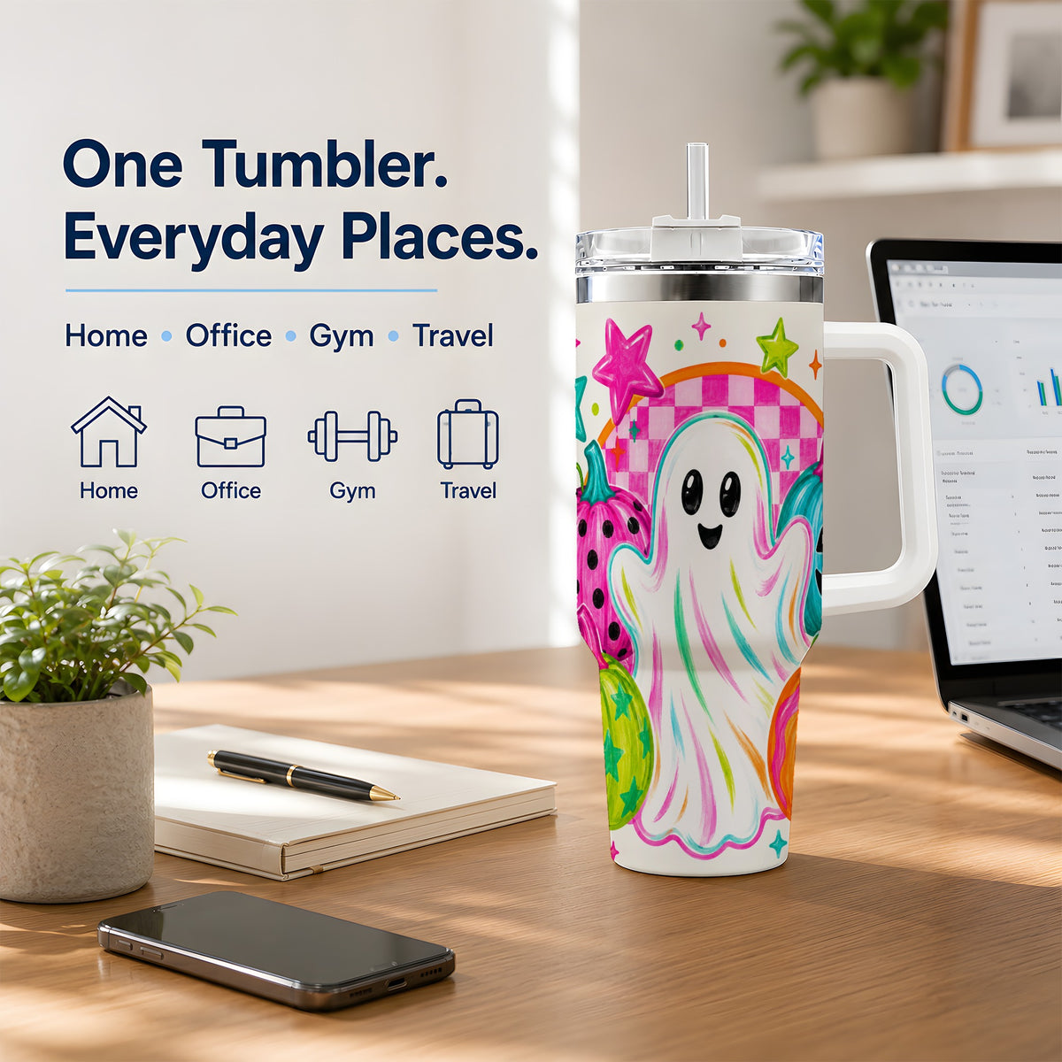 #pl[40oz|White] Colorful Ghost Pumpkin 40oz Tumbler, Bright Halloween Star Artwork