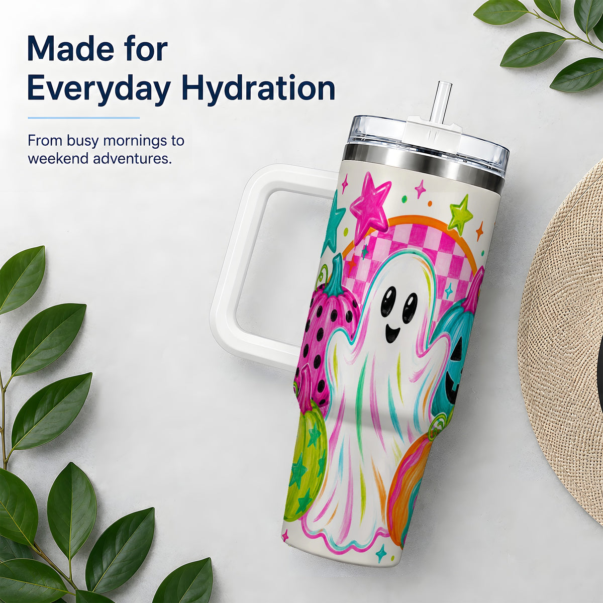 #pl[40oz|White] Colorful Ghost Pumpkin 40oz Tumbler, Bright Halloween Star Artwork