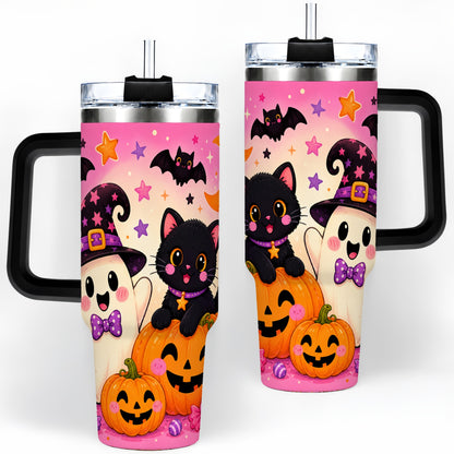 #pl[40oz|Black] Cute Ghost Black Cat 40oz Tumbler, Pink Halloween Pumpkin Artwork