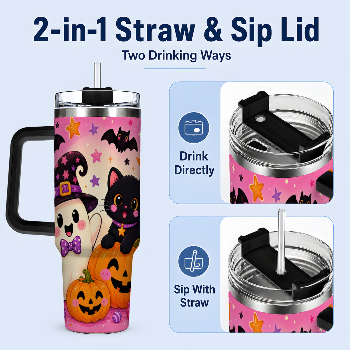 #pl[40oz|Black] Cute Ghost Black Cat 40oz Tumbler, Pink Halloween Pumpkin Artwork