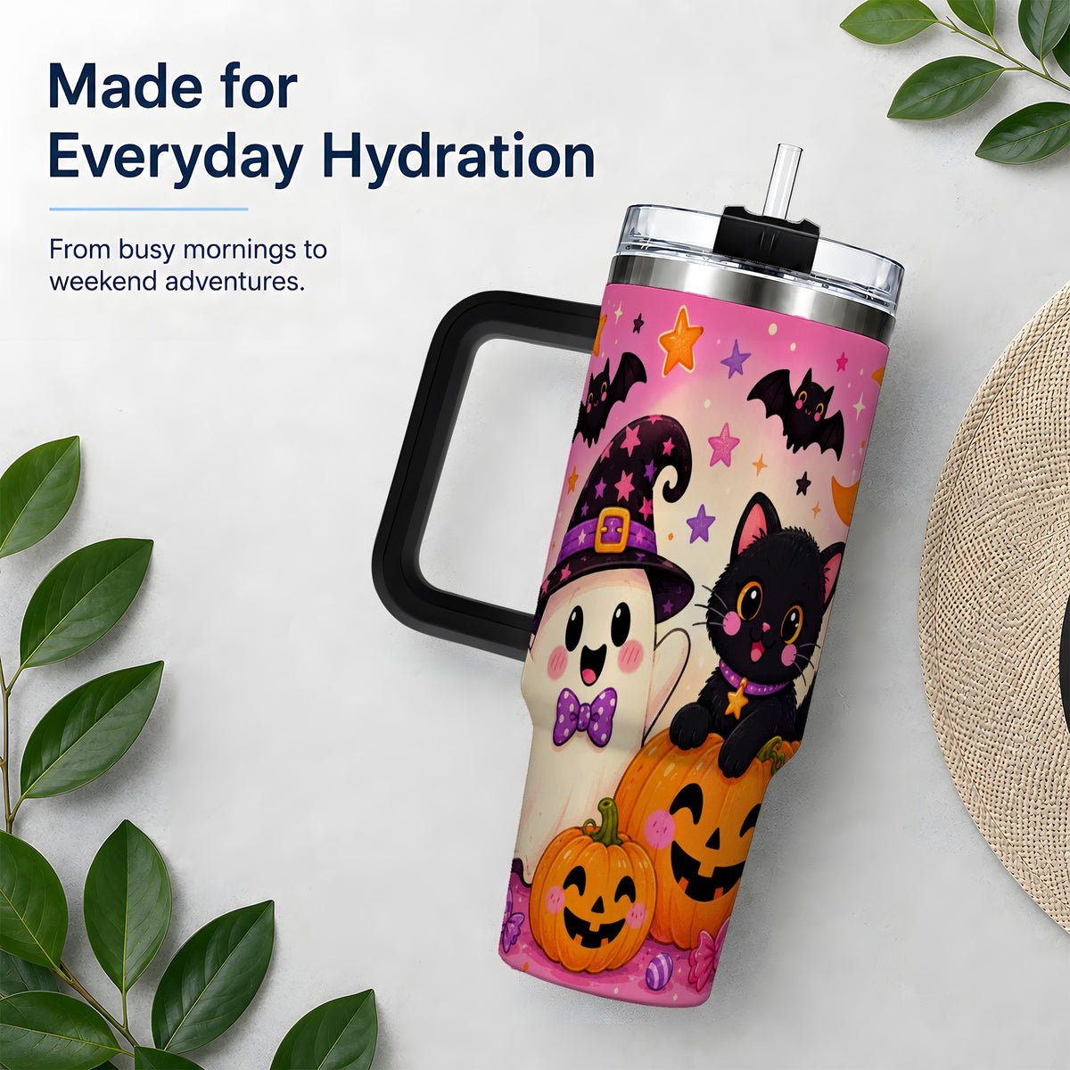 #pl[40oz|Black] Cute Ghost Black Cat 40oz Tumbler, Pink Halloween Pumpkin Artwork
