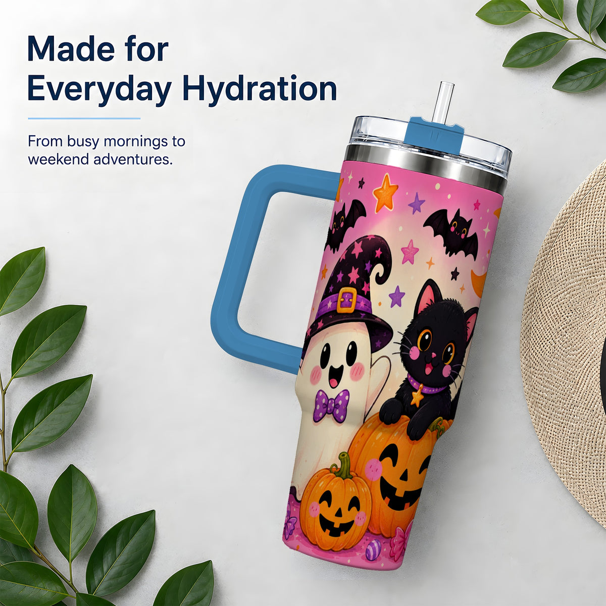 #pl[40oz|Blue] Cute Ghost Black Cat 40oz Tumbler, Pink Halloween Pumpkin Artwork