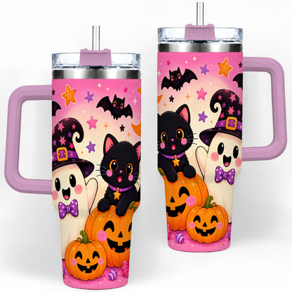 #pl[40oz|Pink] Cute Ghost Black Cat 40oz Tumbler, Pink Halloween Pumpkin Artwork