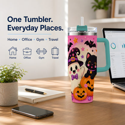 #pl[40oz|Green] Cute Ghost Black Cat 40oz Tumbler, Pink Halloween Pumpkin Artwork