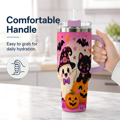 #pl[40oz|Pink] Cute Ghost Black Cat 40oz Tumbler, Pink Halloween Pumpkin Artwork