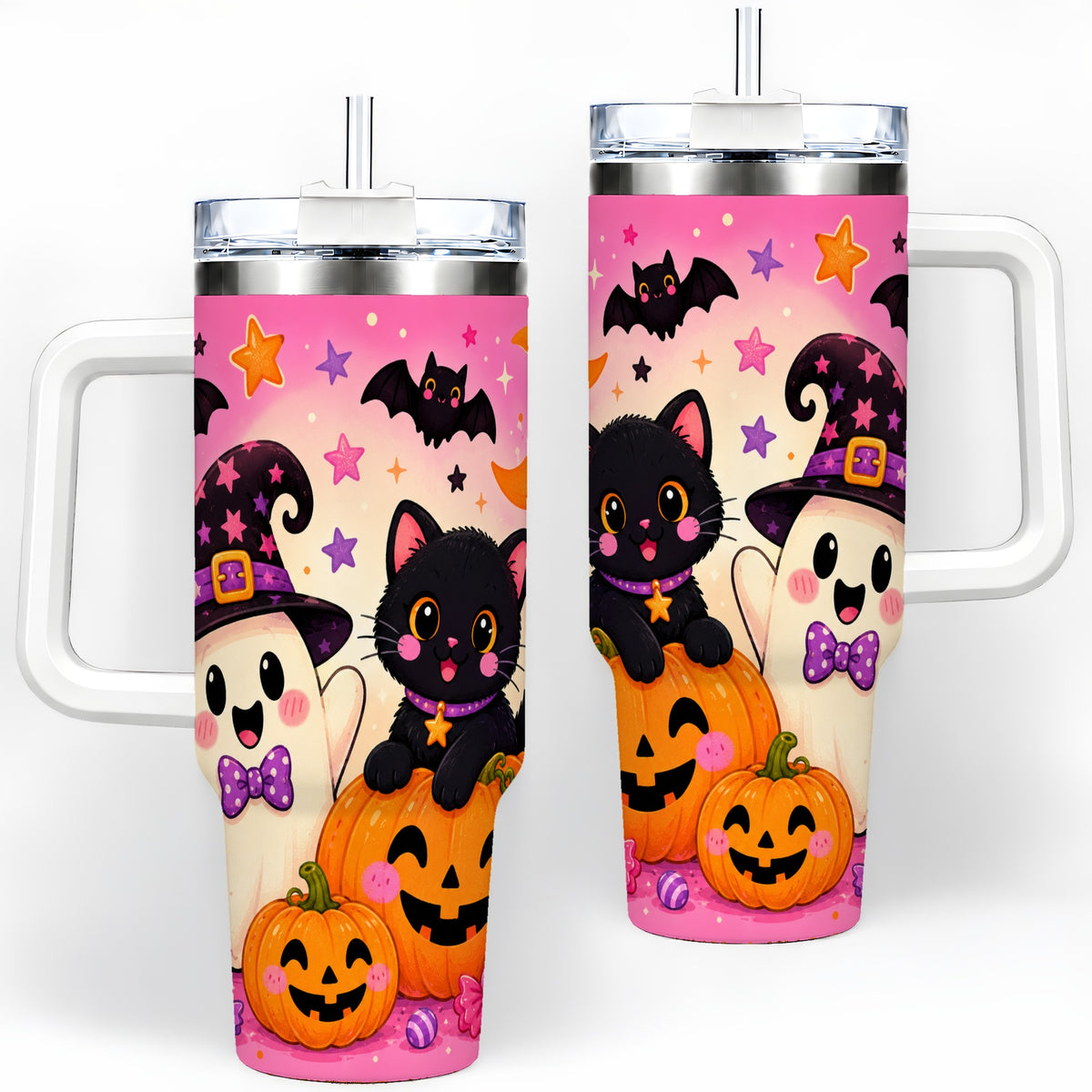 Cute Ghost Black Cat 40oz Tumbler, Pink Halloween Pumpkin Artwork