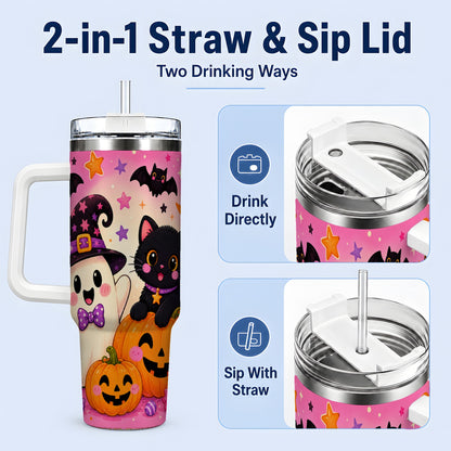 #pl[40oz|White] Cute Ghost Black Cat 40oz Tumbler, Pink Halloween Pumpkin Artwork