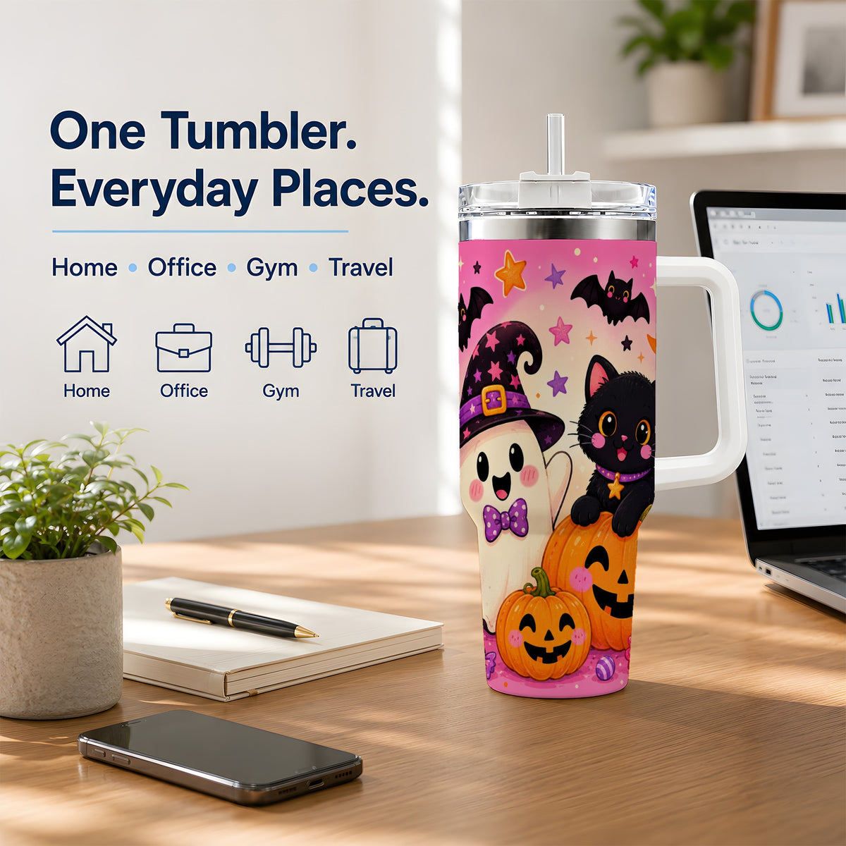 #pl[40oz|White] Cute Ghost Black Cat 40oz Tumbler, Pink Halloween Pumpkin Artwork