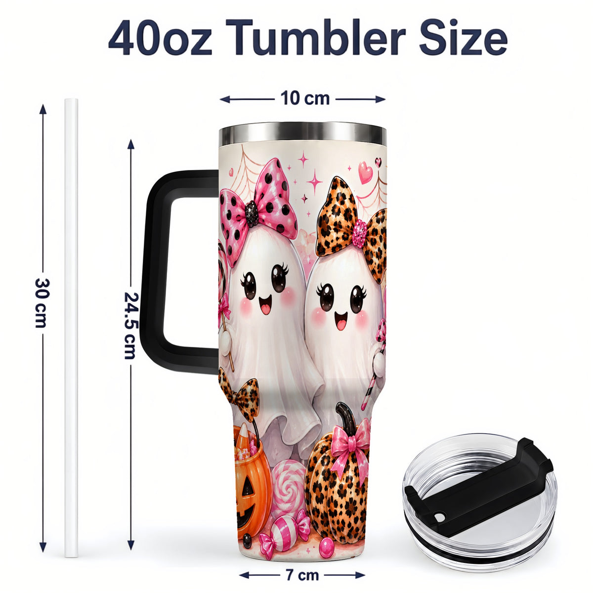 #pl[40oz|Black] Pink Halloween Ghost 40oz Tumbler, Candy Pumpkin Artwork Drinkware